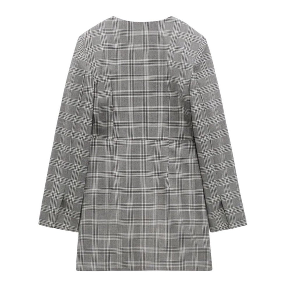 Zara Black & White Plaid Wrap Front Rhinestone Button Blazer Mini Dress - XS - Picture 5 of 16